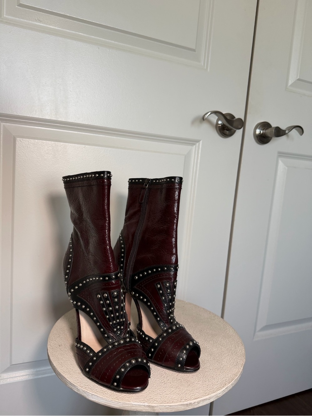 Prada Burgundy and Black Studded Leather Peep-Toe Ankle Boots - Picture 3 of 5
